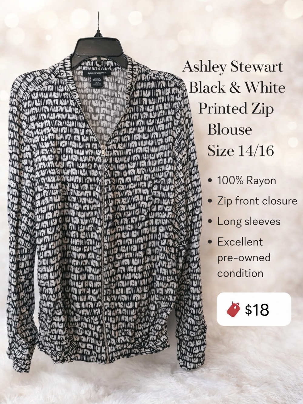 ✨️Ashley Stewart Black & White Printed Zip Blouse Size 14/16✨️ - Picture 2 of 5